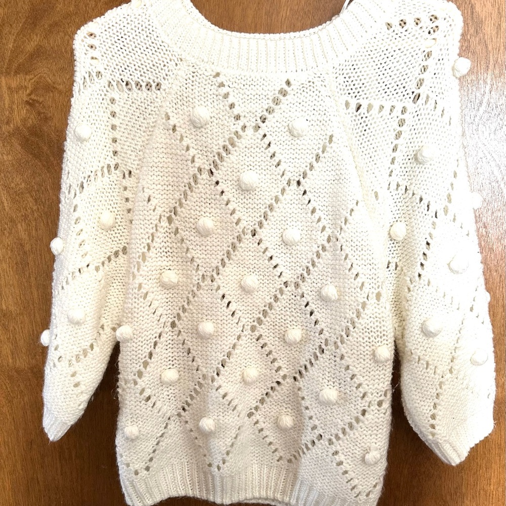 Chic Cream Knit Bobble Sweater Raglan Diamond Details